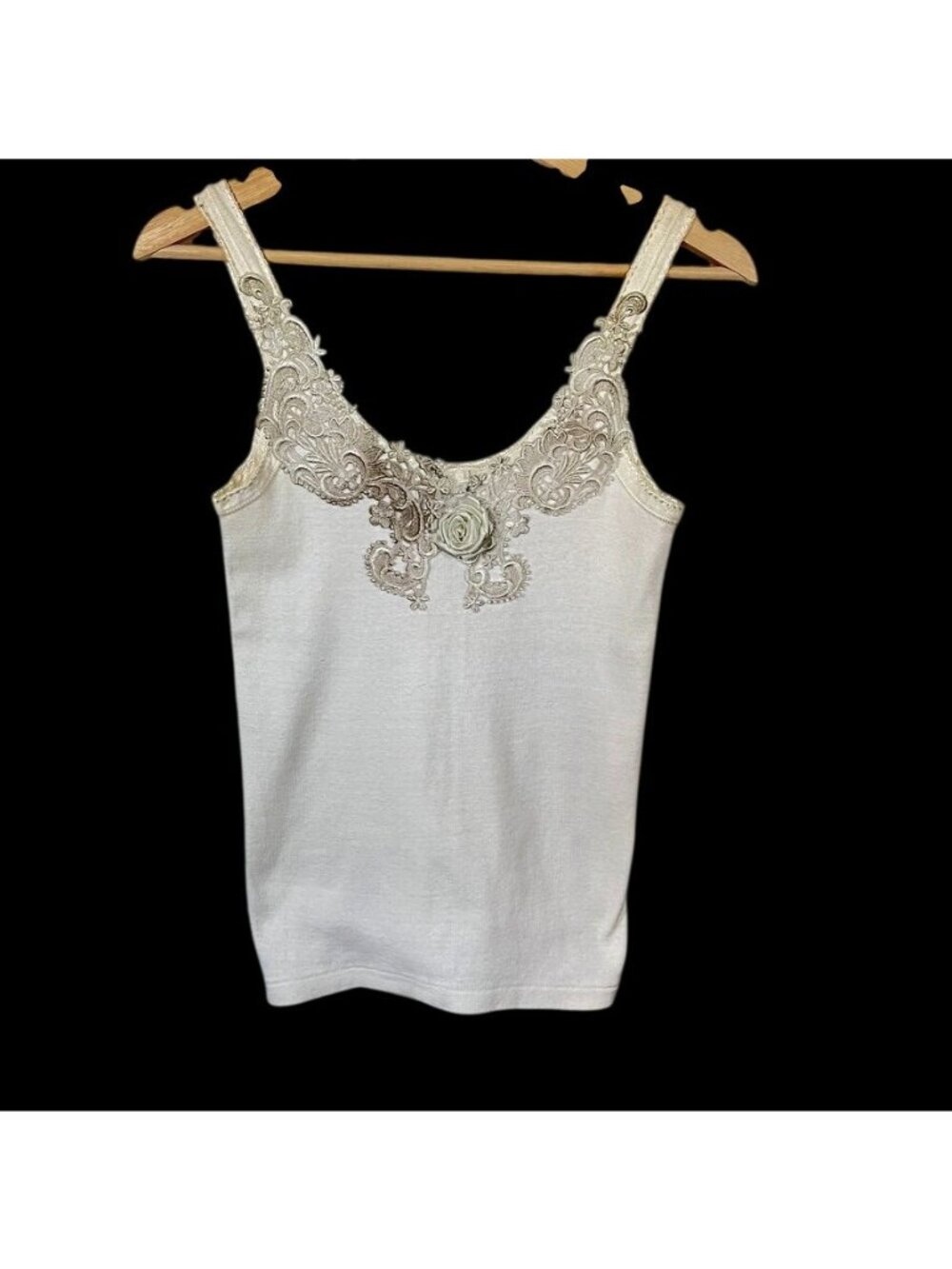 Vintage Y2K Ivory Lace Cami Tank Sz S Rosette Applique Romantic Coquette